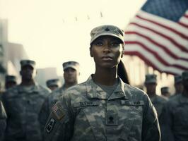 femme sert comme une dévoué et sans peur soldat ai génératif photo