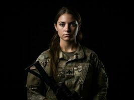 femme sert comme une dévoué et sans peur soldat ai génératif photo