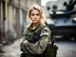 femme sert comme une dévoué et sans peur soldat ai génératif photo