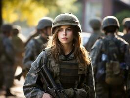 femme sert comme une dévoué et sans peur soldat ai génératif photo