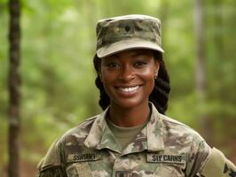 femme sert comme une dévoué et sans peur soldat ai génératif photo