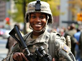 femme sert comme une dévoué et sans peur soldat ai génératif photo