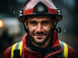 courageux Masculin sapeur pompier sans crainte affronte le brûlant enfer ai génératif photo