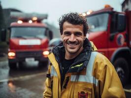 courageux Masculin sapeur pompier sans crainte affronte le brûlant enfer ai génératif photo