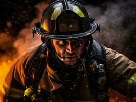 courageux Masculin sapeur pompier sans crainte affronte le brûlant enfer ai génératif photo