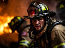 courageux Masculin sapeur pompier sans crainte affronte le brûlant enfer ai génératif photo