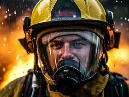 courageux Masculin sapeur pompier sans crainte affronte le brûlant enfer ai génératif photo