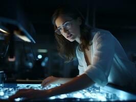 femelle scientifique conduite expériences dans une haute technologie laboratoire ai génératif photo