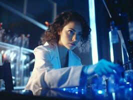 femelle scientifique conduite expériences dans une haute technologie laboratoire ai génératif photo