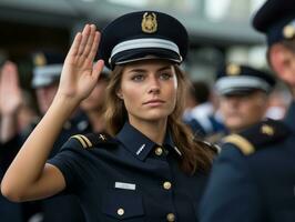 femme policier est soigneusement examiner le la criminalité scène pour potentiel preuve ai génératif photo