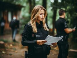 femme policier est soigneusement examiner le la criminalité scène pour potentiel preuve ai génératif photo