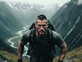 déterminé homme grimpe une raide Montagne Piste ai génératif photo