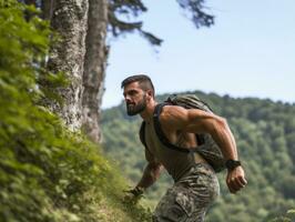 déterminé homme grimpe une raide Montagne Piste ai génératif photo