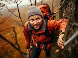 déterminé homme grimpe une raide Montagne Piste ai génératif photo