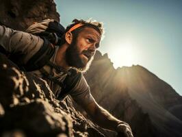 déterminé homme grimpe une raide Montagne Piste ai génératif photo