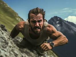 déterminé homme grimpe une raide Montagne Piste ai génératif photo