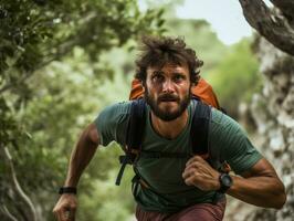 déterminé homme grimpe une raide Montagne Piste ai génératif photo