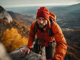 déterminé homme grimpe une raide Montagne Piste ai génératif photo