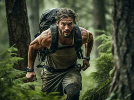 déterminé homme grimpe une raide Montagne Piste ai génératif photo