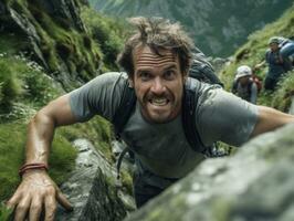 déterminé homme grimpe une raide Montagne Piste ai génératif photo