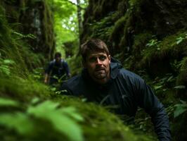 déterminé homme grimpe une raide Montagne Piste ai génératif photo