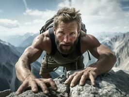 déterminé homme grimpe une raide Montagne Piste ai génératif photo