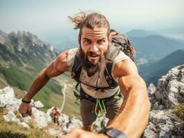 déterminé homme grimpe une raide Montagne Piste ai génératif photo