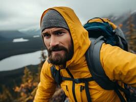 déterminé homme grimpe une raide Montagne Piste ai génératif photo