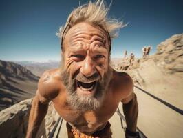 déterminé homme grimpe une raide Montagne Piste ai génératif photo