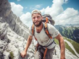 déterminé homme grimpe une raide Montagne Piste ai génératif photo