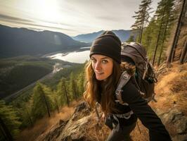 déterminé femme grimpe une raide Montagne Piste ai génératif photo