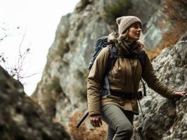 déterminé femme grimpe une raide Montagne Piste ai génératif photo