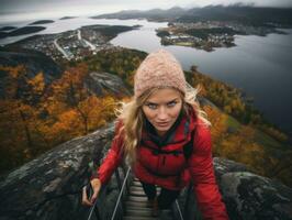 déterminé femme grimpe une raide Montagne Piste ai génératif photo