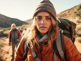 déterminé femme grimpe une raide Montagne Piste ai génératif photo