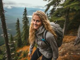 déterminé femme grimpe une raide Montagne Piste ai génératif photo