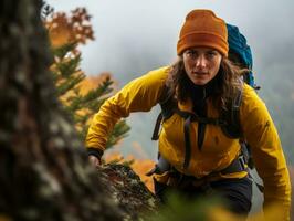 déterminé femme grimpe une raide Montagne Piste ai génératif photo