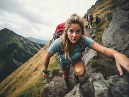 déterminé femme grimpe une raide Montagne Piste ai génératif photo