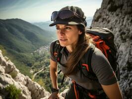 déterminé femme grimpe une raide Montagne Piste ai génératif photo