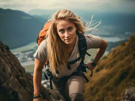 déterminé femme grimpe une raide Montagne Piste ai génératif photo