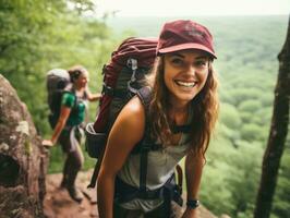 déterminé femme grimpe une raide Montagne Piste ai génératif photo