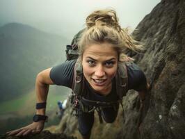 déterminé femme grimpe une raide Montagne Piste ai génératif photo