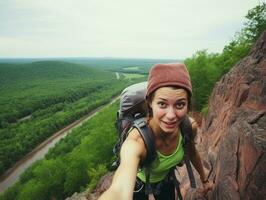 déterminé femme grimpe une raide Montagne Piste ai génératif photo