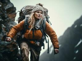 déterminé femme grimpe une raide Montagne Piste ai génératif photo