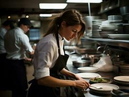 femelle chef crée culinaire chefs-d'œuvre dans une animé cuisine ai génératif photo