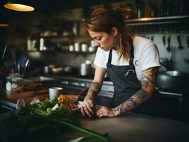 femelle chef crée culinaire chefs-d'œuvre dans une animé cuisine ai génératif photo