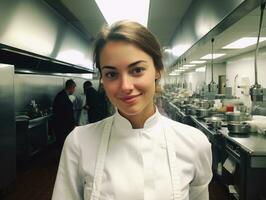 femelle chef crée culinaire chefs-d'œuvre dans une animé cuisine ai génératif photo