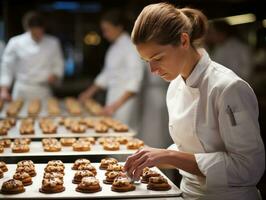 femelle chef crée culinaire chefs-d'œuvre dans une animé cuisine ai génératif photo