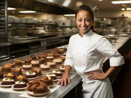 femelle chef crée culinaire chefs-d'œuvre dans une animé cuisine ai génératif photo