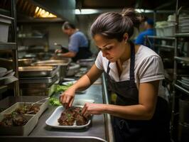 femelle chef crée culinaire chefs-d'œuvre dans une animé cuisine ai génératif photo