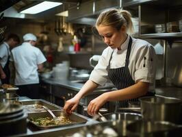 femelle chef crée culinaire chefs-d'œuvre dans une animé cuisine ai génératif photo